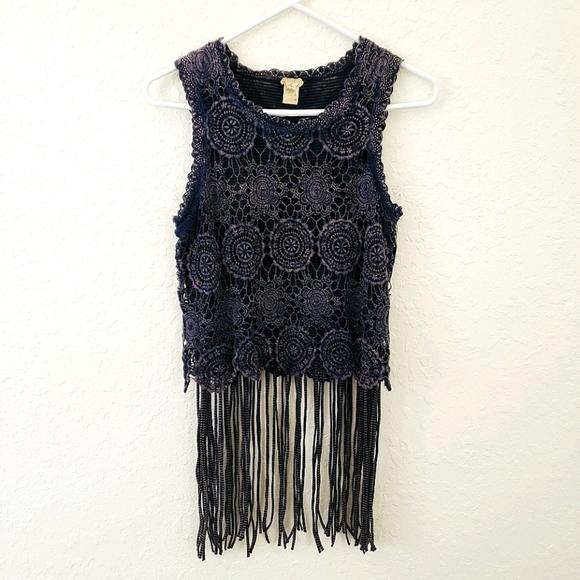 gimmicks by BKE Tops - BKE | Crochet Fringe Tank Top Navy Small Boho